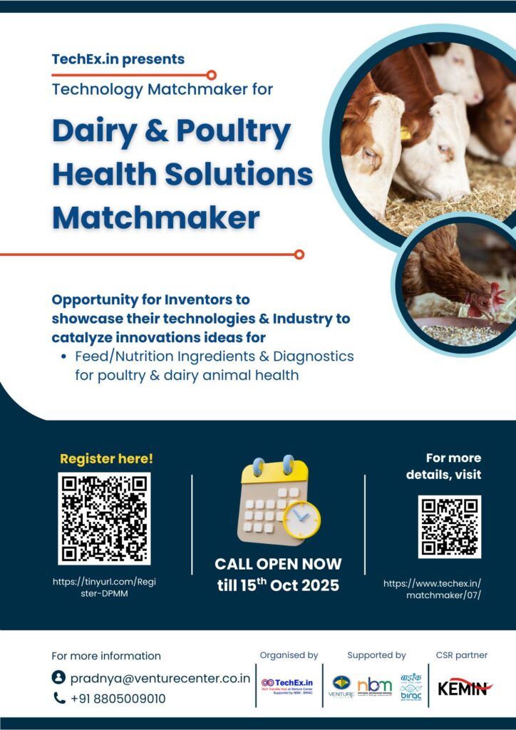 TechEx.in Technology Matchmaker event poster for Dairy and Poultry Health Solutions, featuring cows and chickens, QR codes for registration and details, and a call to action for innovators and industry
