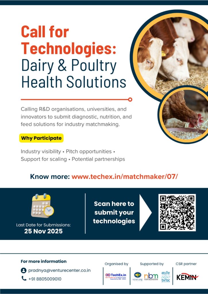 TechEx.in Technology Matchmaker event poster for Dairy and Poultry Health Solutions, featuring cows and chickens, QR codes for registration and details, and a call to action for innovators and industry